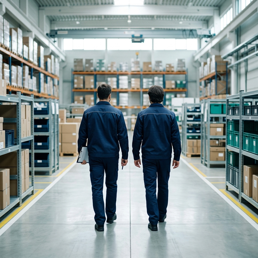 Pharmaceutical supply professionals reviewing a controlled warehouse operation